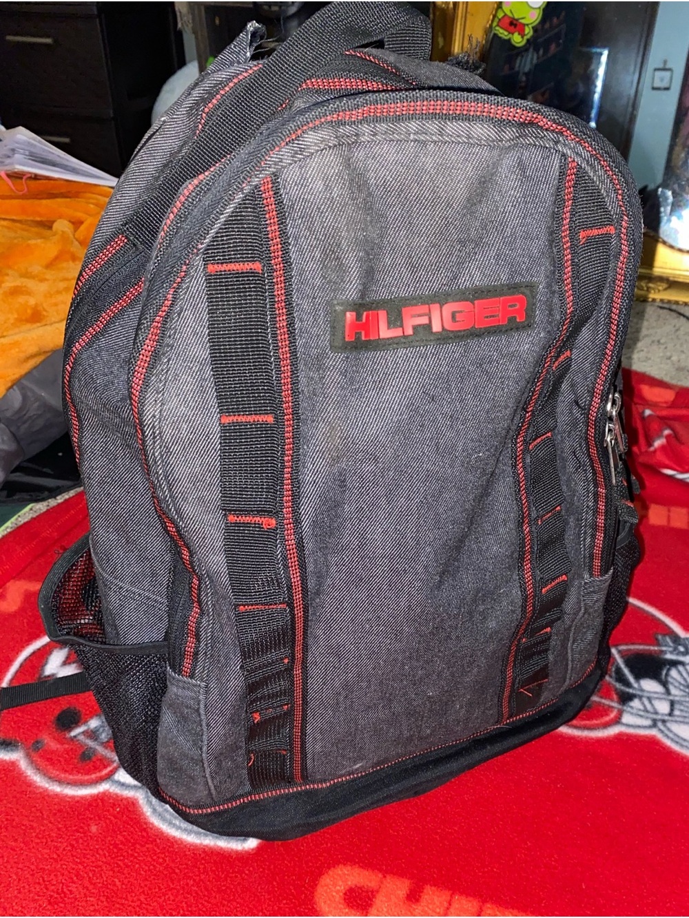 Tommy Hilfiger Men’s Black denim backpack/Laptop bag  Black/Red stitching logo.,
